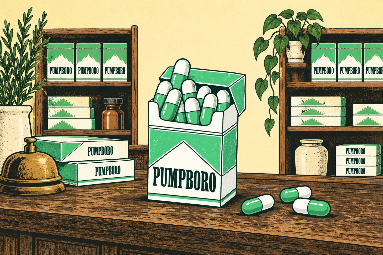 A hand-illustrated pharmacy counter stocked with mint-green Pumpboro packs