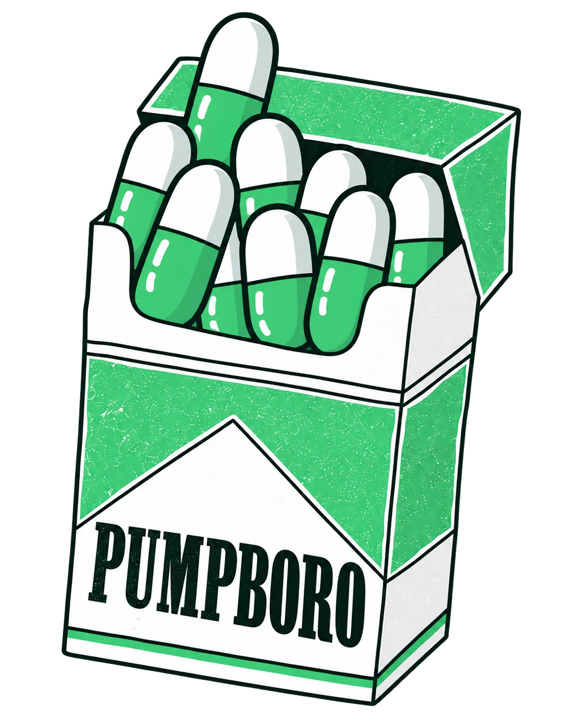 An open white and mint-green Pumpboro pack filled with matching capsules